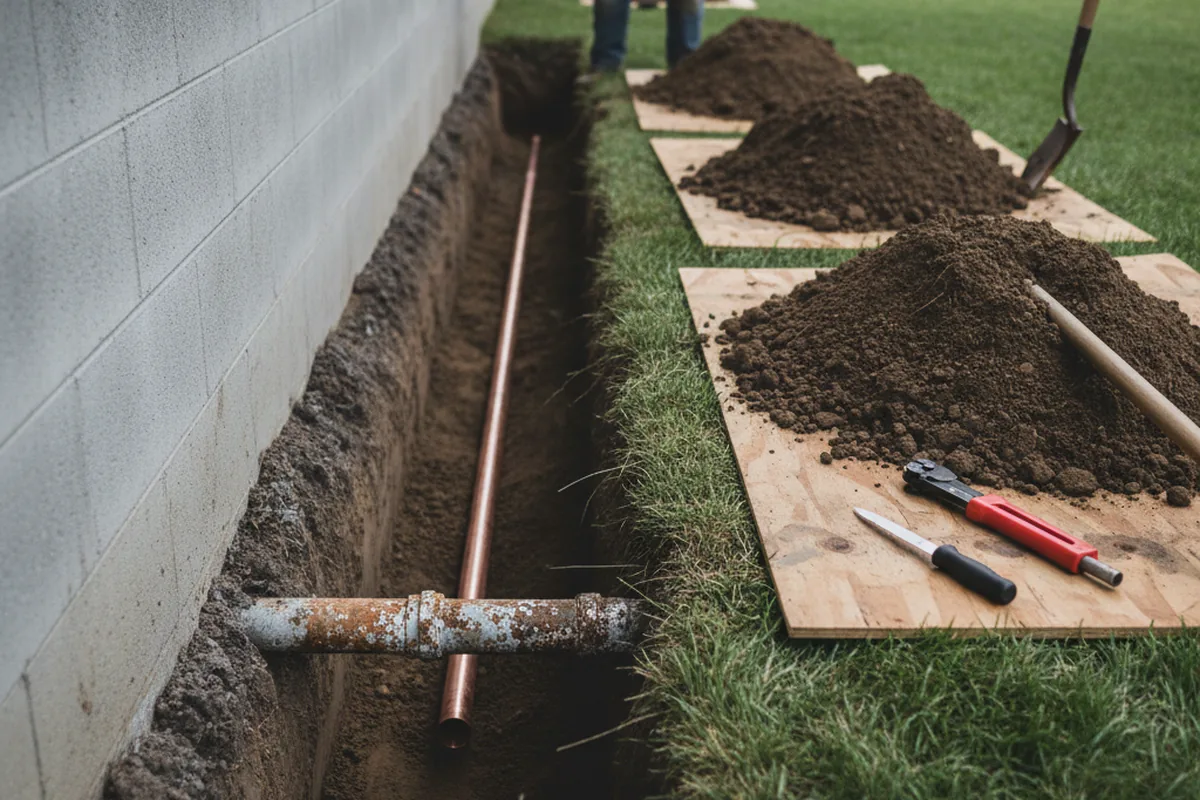 Excavated water line trench during Water Softener Installation in Betterton